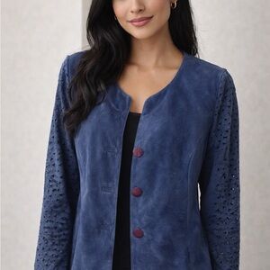 Women's Navy Suede Open-Front Jacket with Laser-Cut Sleeves